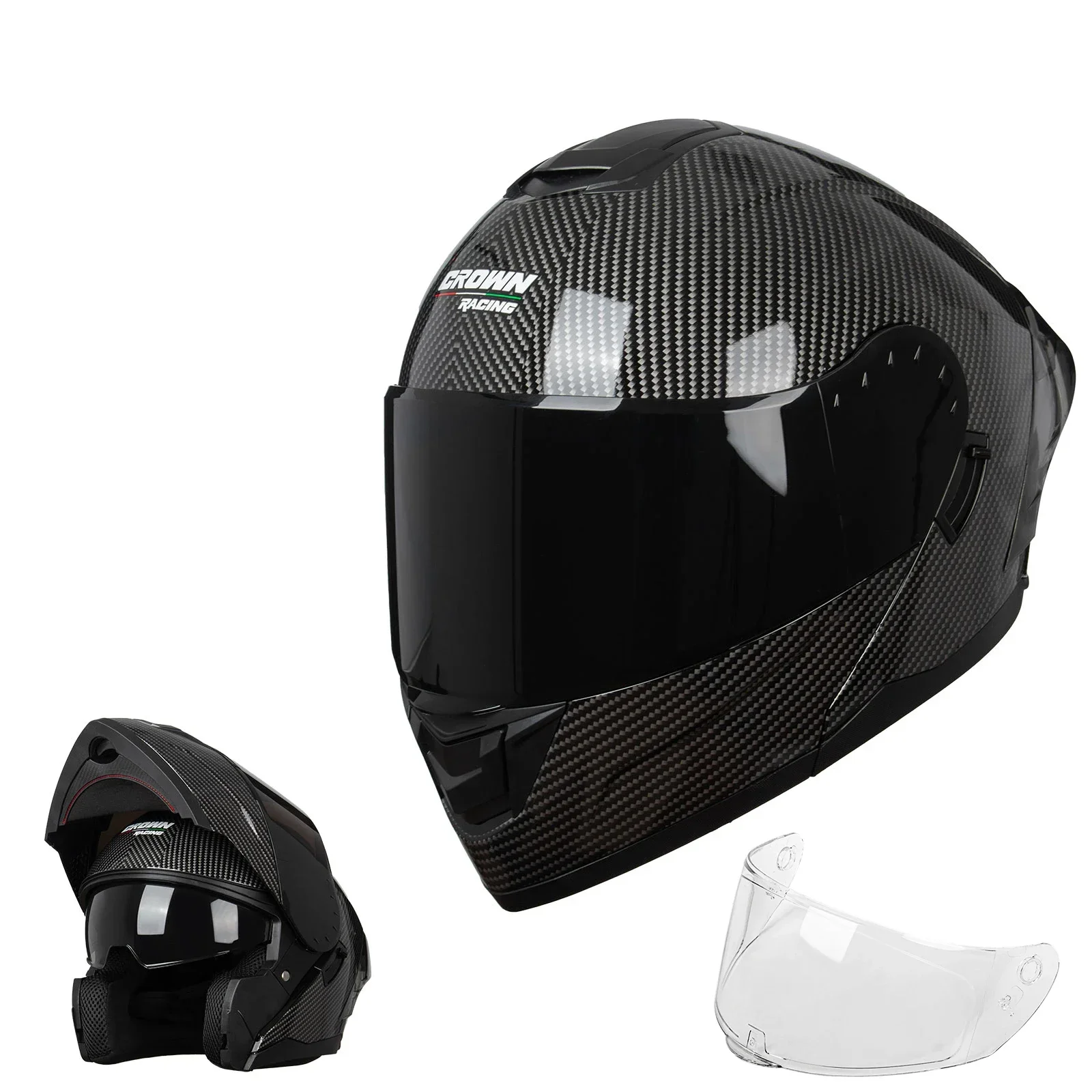 Dual Visor Motorcycle Racing Helmet - หมวกกันน็อคมอเตอร์ไซค์แบบโมดูลาร์ Crown Racing FL900 หมวกกันน็อคแบบเต็มหน้าที่สามารถยกขึ้นได้ ได้รับการรับรองมาตรฐาน